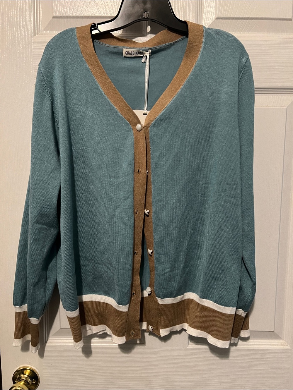 Grace Karin Teal Cardigan with Brown and White Trim 2XL